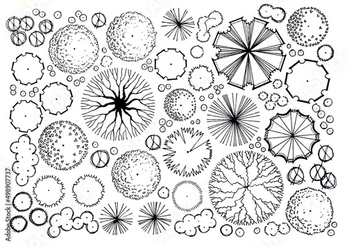 Landscape elements symbols  design for backyard, country house or garden with black line. Hand drawn painting on the paper. 