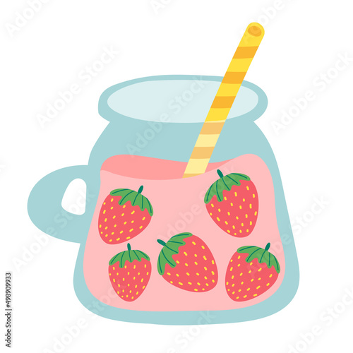 berry Smoothie. strawberry smoothie icon. jar with tube and cap on white background. Flat food vector illustration. Healthy isolated citrus drink.