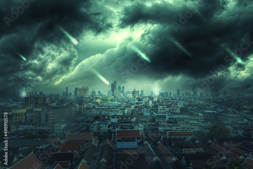 Falls of meteorites on the metropolis. Dramatic apocalyptic background.
