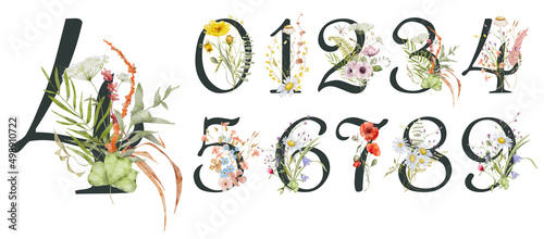 Fotografía Watercolor floral numbers set with wild flowers from 0 to 9