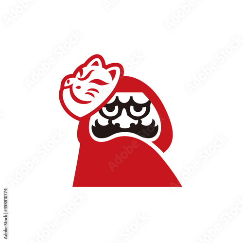 Daruma, Bodhidharma Daishi with Japanese fox mask, vector flat symbol design