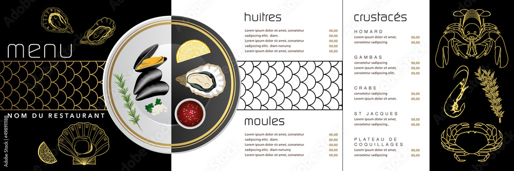 Menu graphique en 3 parties pour un restaurant de cuisine française  de mollusques et crustacés - 
texte français, traduction : menu, restaurant, huitres, moules, crustacés.