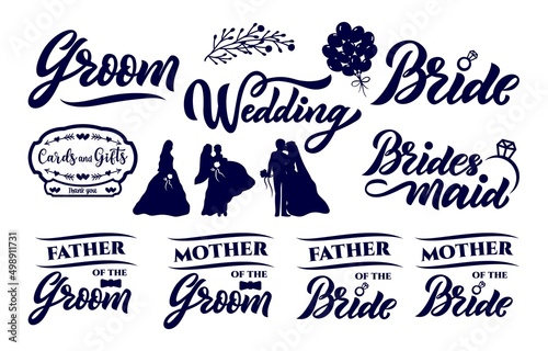 Set of wedding decoration elements. Silhouette of man and woman.