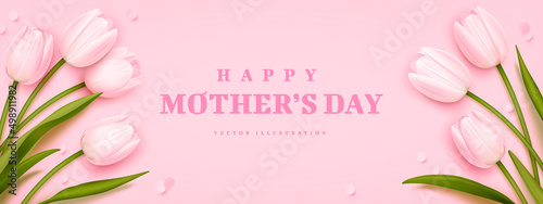 Mother's day greeting background with realistic tulips. Vector illustration for poster, brochures, booklets, promotional materials, website