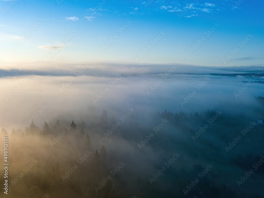 Sunny morning in the foggy Carpathians. A thin layer of fog covers the mountains. Aerial drone view.