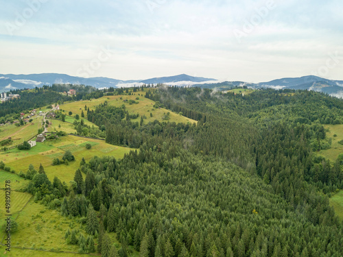 Ukrainian Carpathians mountains on a summer morning. Aerial drone view.