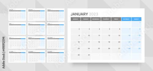 Monthly calendar template for 2023 year. Week Starts on Monday. Wall calendar in a minimalist style. 