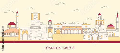 Cartoon Skyline panorama of city of Ioannina, Epirus, Greece - vector illustration