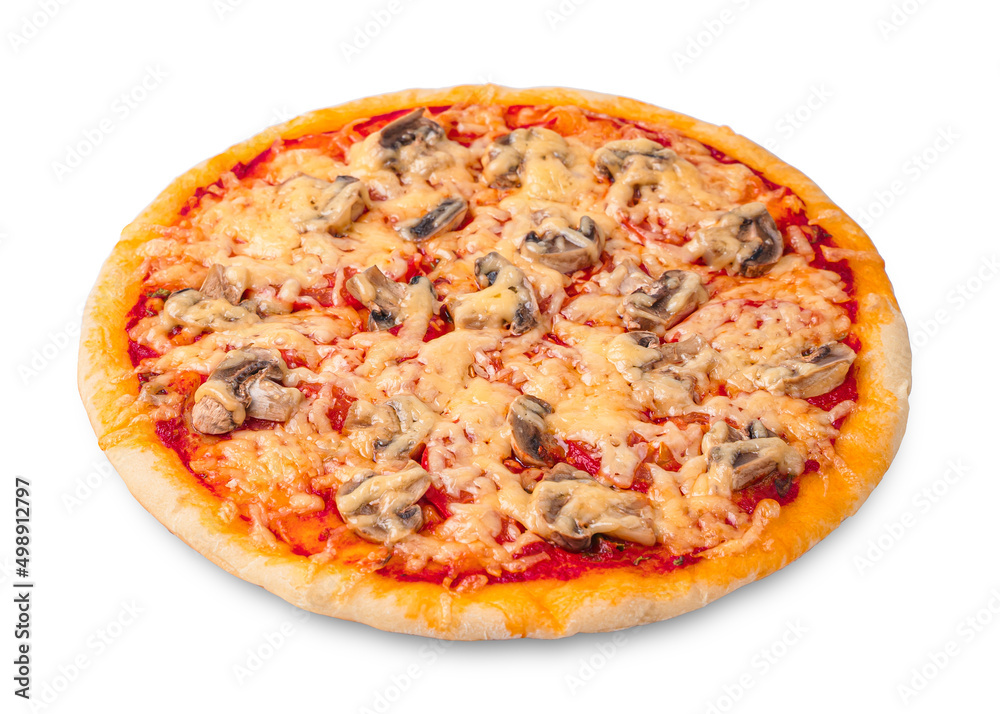 Pizza with cheese, tomatoes and mushrooms isolated on a white background.