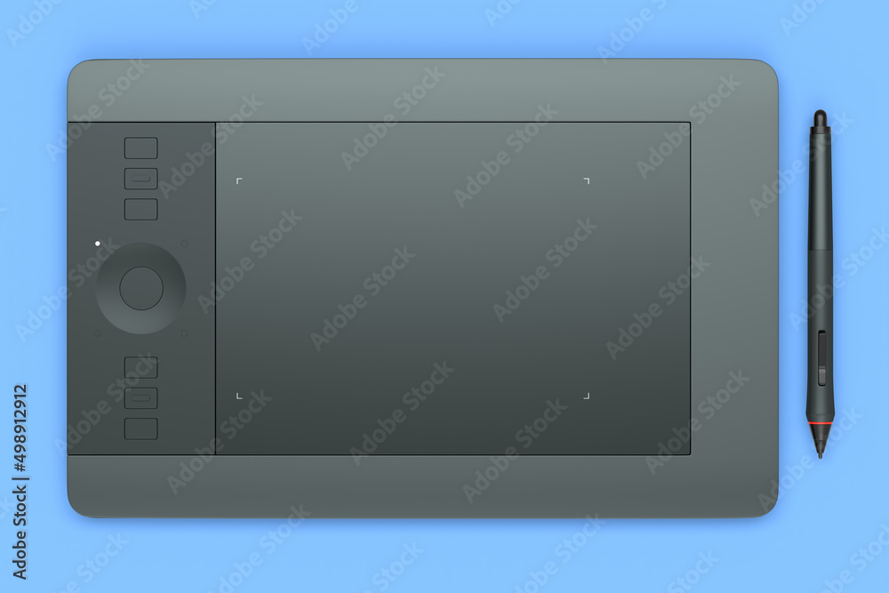 Graphic tablet and pen for illustrators, designers and photographers on blue Graphic tablet and pen for illustrators, designers and photographers on blue