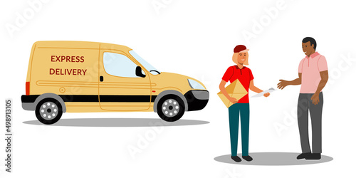 Delivery service concept express document delivery a girl courier and recipient hand drawn vector illustration