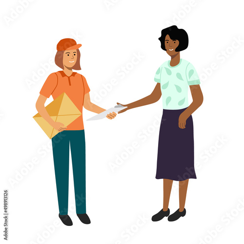 Delivery service concept women courier and recipient hand drawn vector illustration