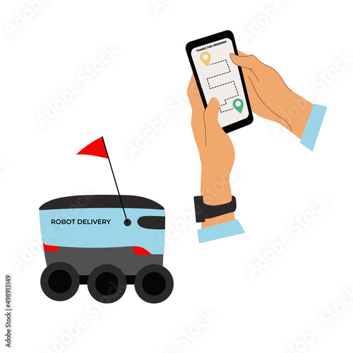 Delivery service with an autonomous delivery robot concept hand drawn vector illustration