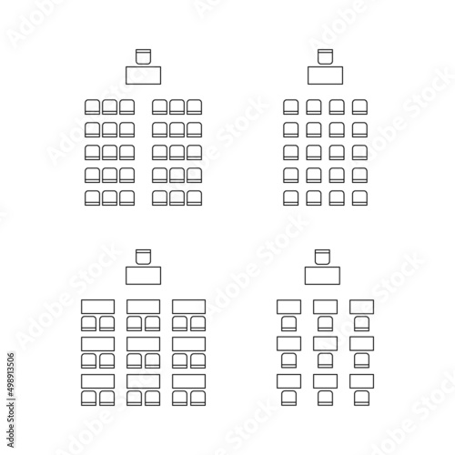 Set of plan for arranging seats in interior, auditorium with place spectators, classroom, theater, lecture hall, layout outline elements. Scheme chairs and tables icons. Furniture top view.Vector line