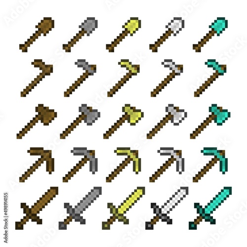 Pixel arsenal of templates for printing. The concept of game weapons. Pixel axe, hoe, pickaxe, sword, bow. Vector illustration EPS 10