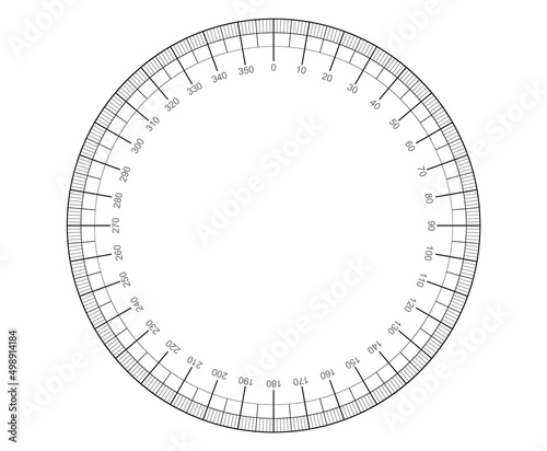 Circular measurement scale. Division of a circle into degrees. Circle segments from 0 to 360.