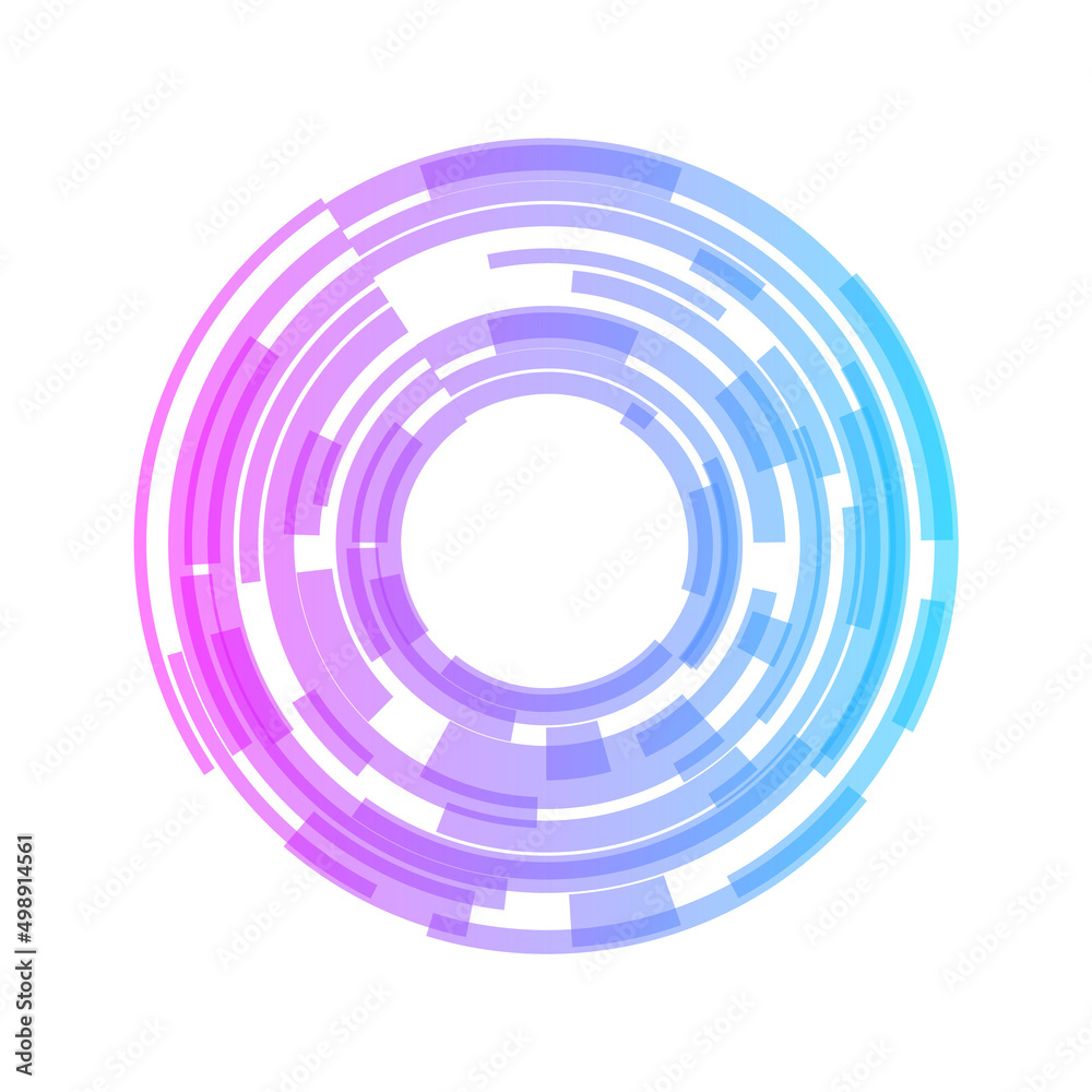 Tech circle background element. Purple blue transparent gradient. White background. Technology and innovation concept. Concentric circles wave ripple effect. Vector illustration, flat, clip art. 