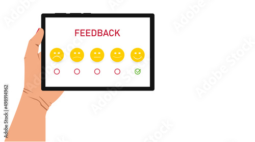 Feedback concept.
He chooses the satisfaction rating and leaves the positive review. Customer service and user experience.