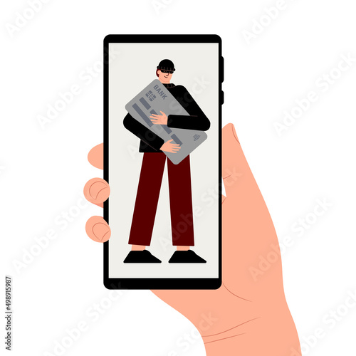 Hacker attack. Fraud with user data on social networks. Credit or debit card theft. Internet phishing, hacked username and password. Cybercrime and crime. A thief on a website online on the internet