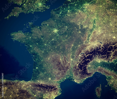 Map of France, satellite view at night. Map. Illuminated cities and streets
