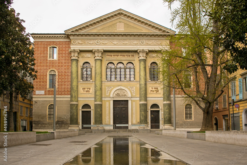 Facade of the Israelite temple in Modena, Italy. Built in Lombard style, the synagogue is located in the historic center of the Emilian city.