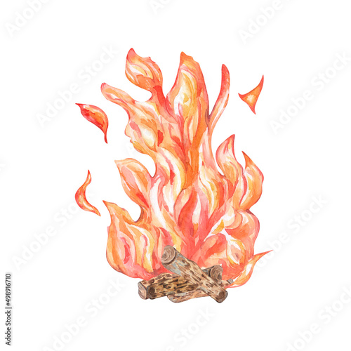 Flame watercolor illustration, red fire, bonfire isolated