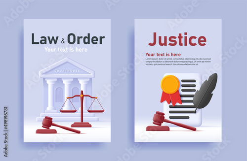 Law and Order poster with court attributes like court building, document and justice scales and judge hammer