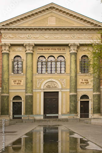 Facade of the Israelite temple in Modena, Italy. Built in Lombard style, the synagogue is located in the historic center of the Emilian city.