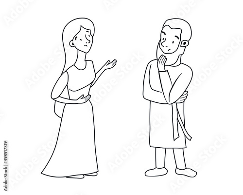 Isolated vector illustration. Picture for Sunday school. Joseph and Mary. Children's Bible. Birth of Jesus Christ. Christian bible character. Cute, kind, print, coloring, black and white, liner, line