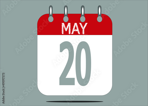 Icon day date 20 May, template calendar page in red and gray for days of the month