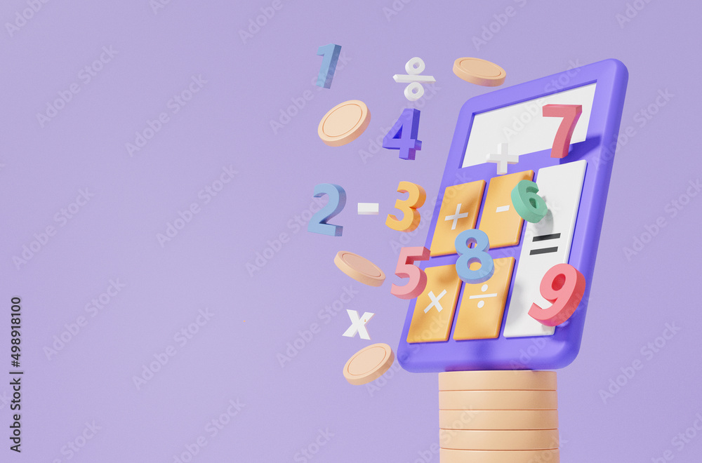 Calculator money and basic math operation symbols math, plus, minus, multiplication, number divide, Mathematic calculate Finance education concept. minimal style. 3d rendering - obrazy, fototapety, plakaty 