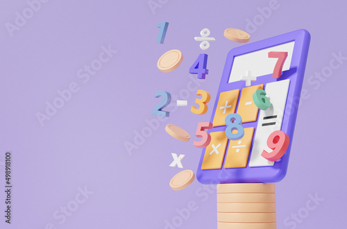 Calculator money and basic math operation symbols math, plus, minus, multiplication, number divide, Mathematic calculate Finance education concept. minimal style. 3d rendering