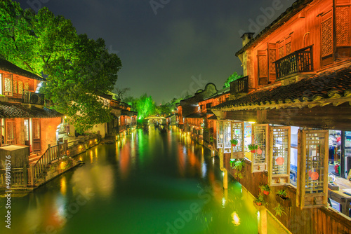 Lights and houses at night in Wuzhen photo