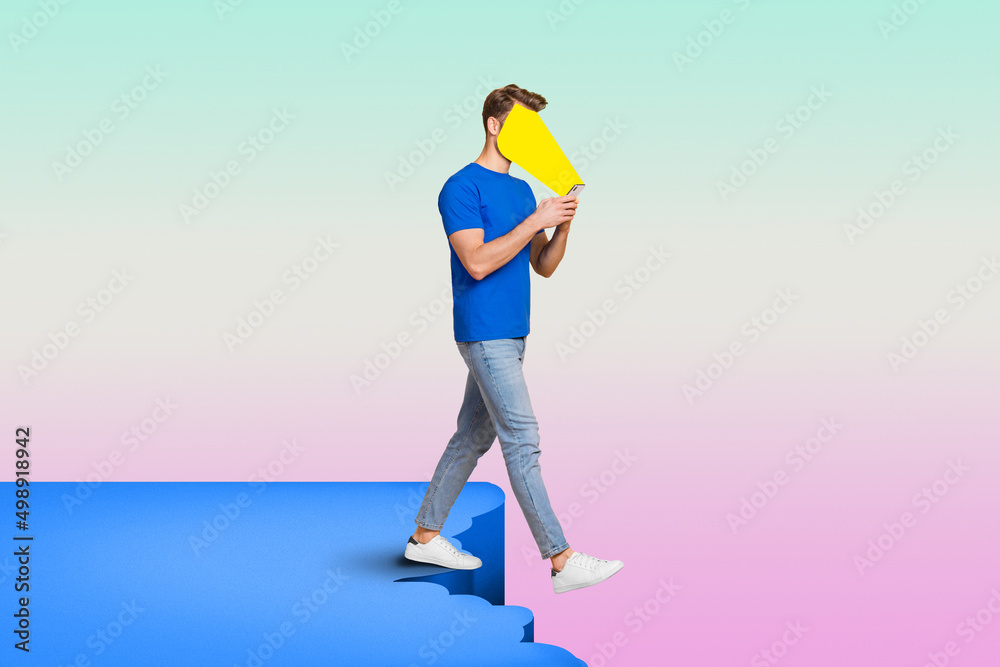 Surreal composition of millennial guy focus use smart device change real life virtual isolated colorful background Surreal composition of millennial guy focus use smart device change real life virtual isolated colorful background