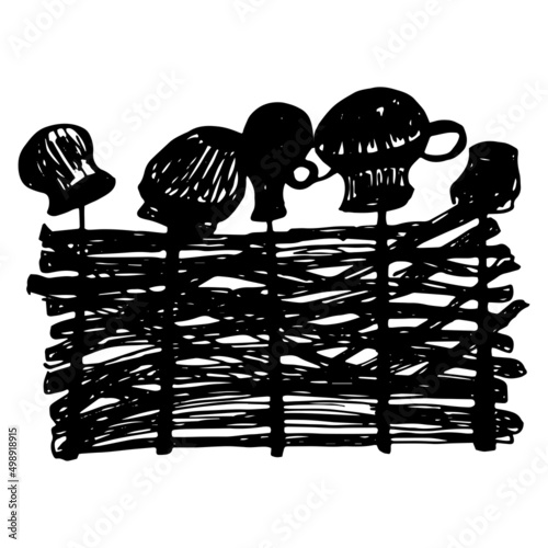 Woven wattle and daub jugs with hand drawn style. Woven wicker fence. Vector illustration.