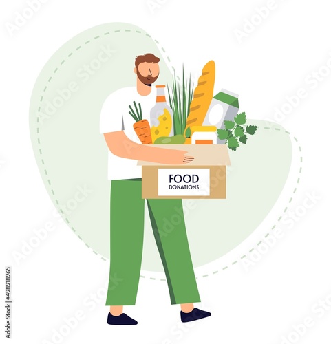 Male volunteer. Man carries food in cardboard box. Character with food for donations. Charity and financial support concept. Social support for the poor. Flat vector illustration isolated background.