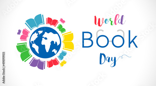 World Book Day greeting card, creative congrats poster. Educational logotype concept. Isolated abstract graphic design template. Global educating sign and codratulating typography. White background.