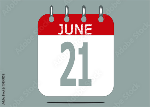 Icon day date 21 June, template calendar page in red and gray for days of the month