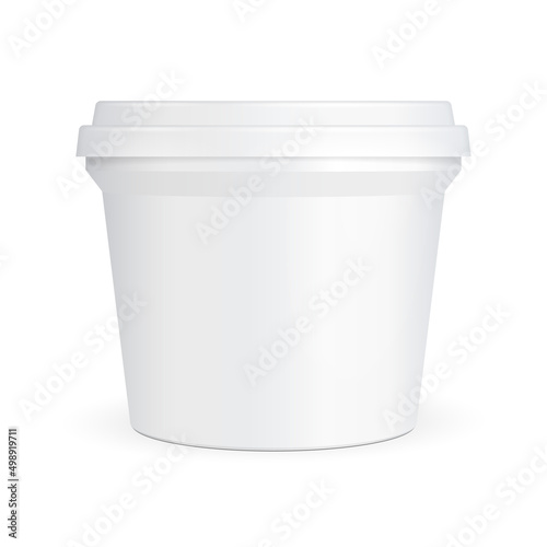 Mockup White Cup Tub Food Plastic Container For Dessert, Yogurt, Ice Cream, Sour Sream Or Snack. Illustration Isolated On White Background. Mock Up Template Ready For Your Design. Vector EPS10