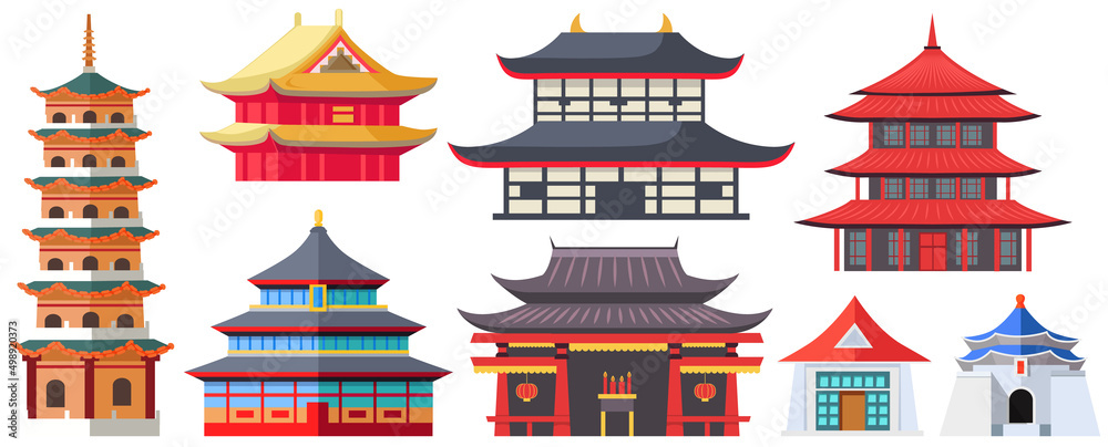 Japanese house vector illustration. Asian traditional architecture of buildings setbisolated on white. Country national symbol for travel. Travel Chinese vector poster with japanese famous landmark