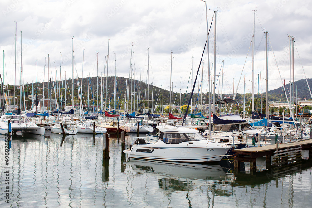 Obraz premium Yachts moored on the Derwent river at the Bellerive Yacht Club