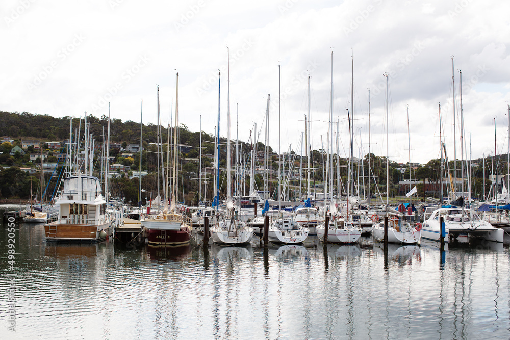 Yachts moored on the Derwent river at the Bellerive Yacht Club
