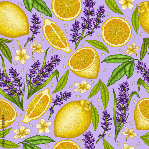 Seamless vector pattern graphic linear colored lemons, lavender and plumeria flowers, and leaves on a purple background in engraving style