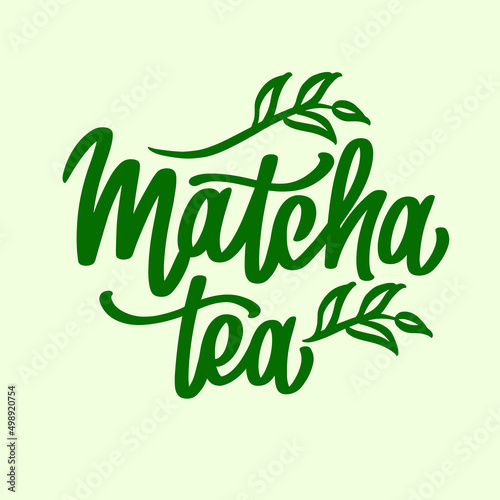 Matcha logo design. Lettering decorated of branch green leaves. Hand-drawn vector calligraphy for tea product. Japanese beverage. Green tea drink.