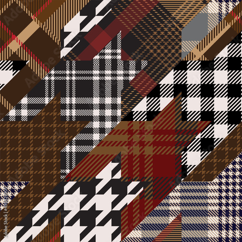 Houndstooth pattern patchwork collage. Tartan plaid, gingham and tattersall fabric swatch blend.