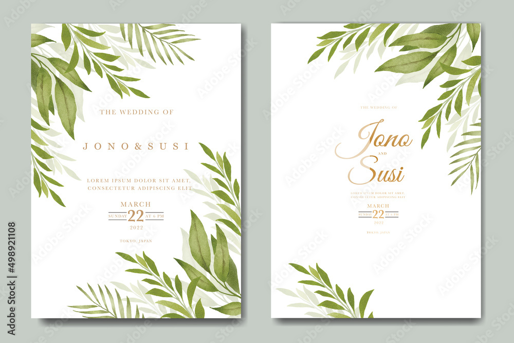 Naklejka premium greenery leaves wedding invitation card set watercolor