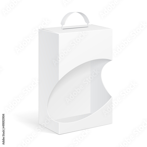 Mockup White Product Package Box With Window And Handle Illustration Isolated On White Background. Mock Up Template Ready For Your Design. Product Packing Vector EPS10