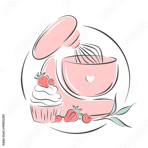 Planetary stationary dough mixer, cupcake and berries. Cake shop logo. Vector illustration on white background 