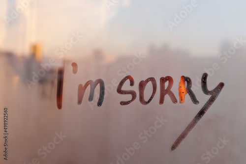 Lettering text I am sorry on foggy glass of sunset window