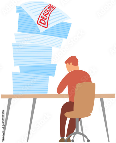 Man delays work deadline concept. Planning, punctuality, time management. Male character looking at document, does not have time to decide in time. Punctual businessman be late, hourly work